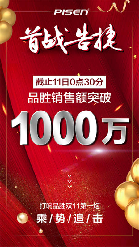 凱歌高奏送捷報，品勝雙十一半小時銷量破千萬