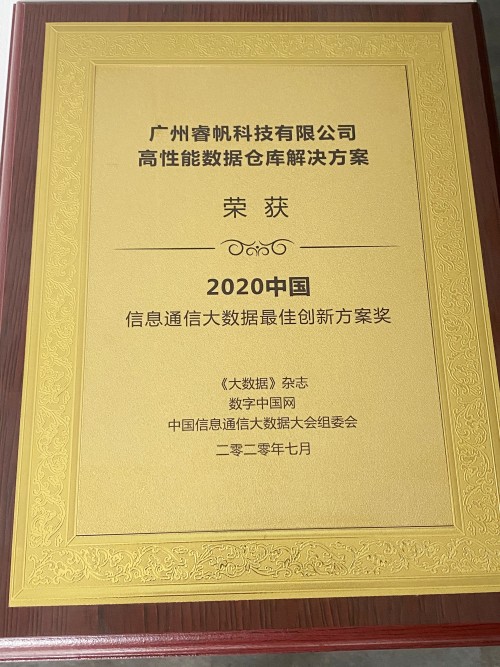 睿帆科技數(shù)倉(cāng)解決方案，榮獲2020中國(guó)信通會(huì)大數(shù)據(jù)最佳創(chuàng)新方案獎(jiǎng)