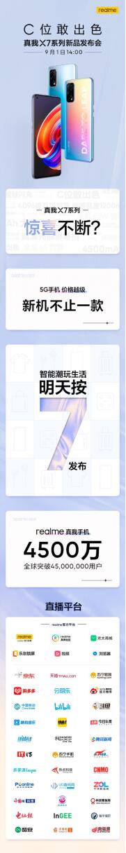 首發(fā)天璣800U千元5G手機(jī)？realme 真我X7系列9月1日發(fā)布或?qū)⒂畜@喜