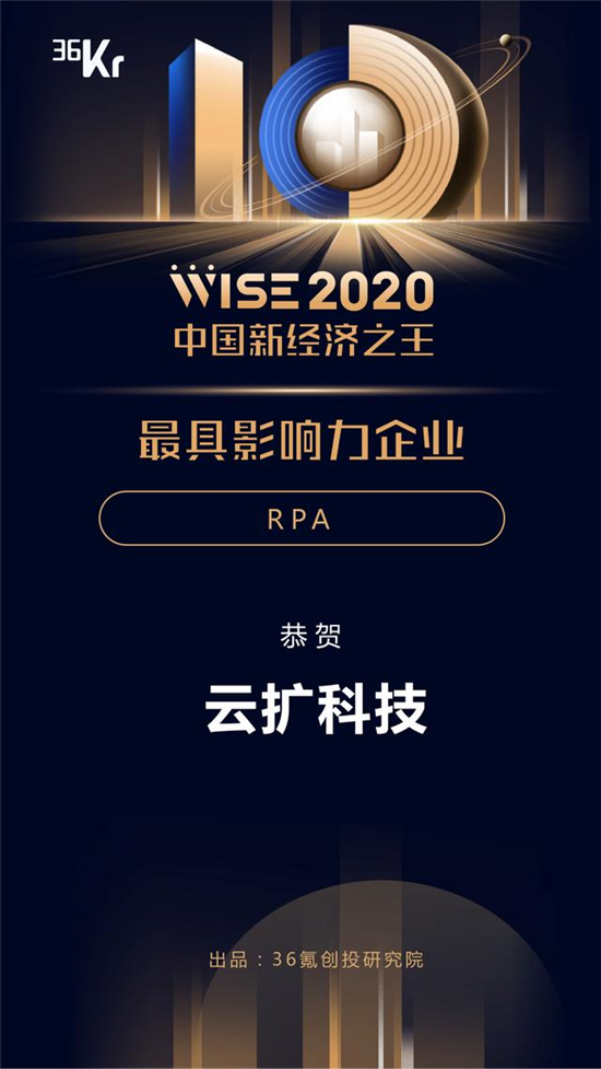 云擴(kuò)科技獲36kr新經(jīng)濟(jì)之王「2020最具影響力企業(yè)，RPA將重構(gòu)未來工作方式