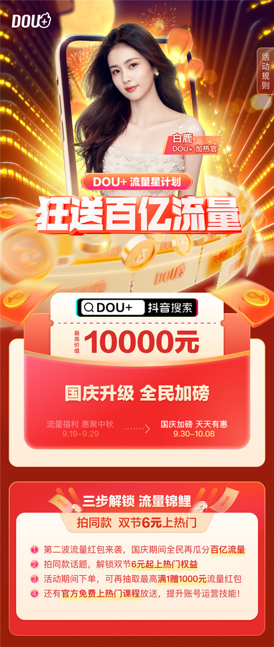 DOU+“流量星計(jì)劃”國(guó)慶再升級(jí)，百億流量送不停