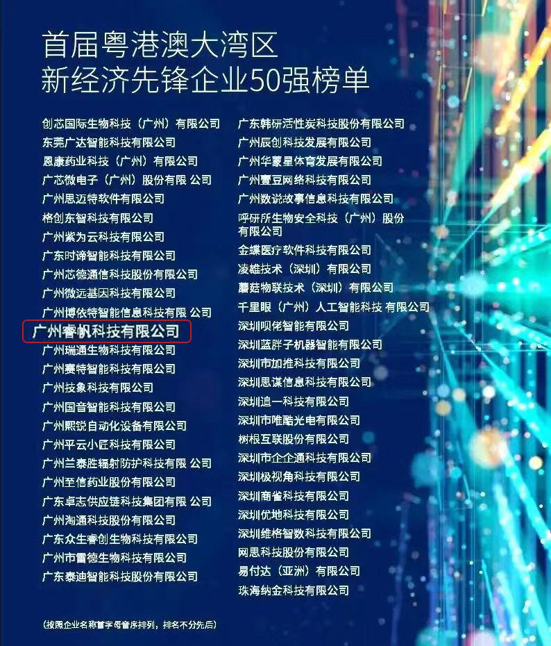 睿帆科技入選2021粵港澳大灣區(qū)新經(jīng)濟先鋒企業(yè)50強