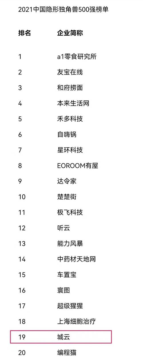 中國隱形獨角獸500強榜單公布，城云科技躋身前20強