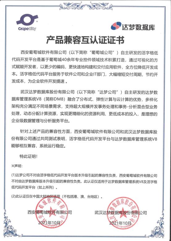 活字格與達(dá)夢(mèng)數(shù)據(jù)庫(kù)完成兼容性互認(rèn)證