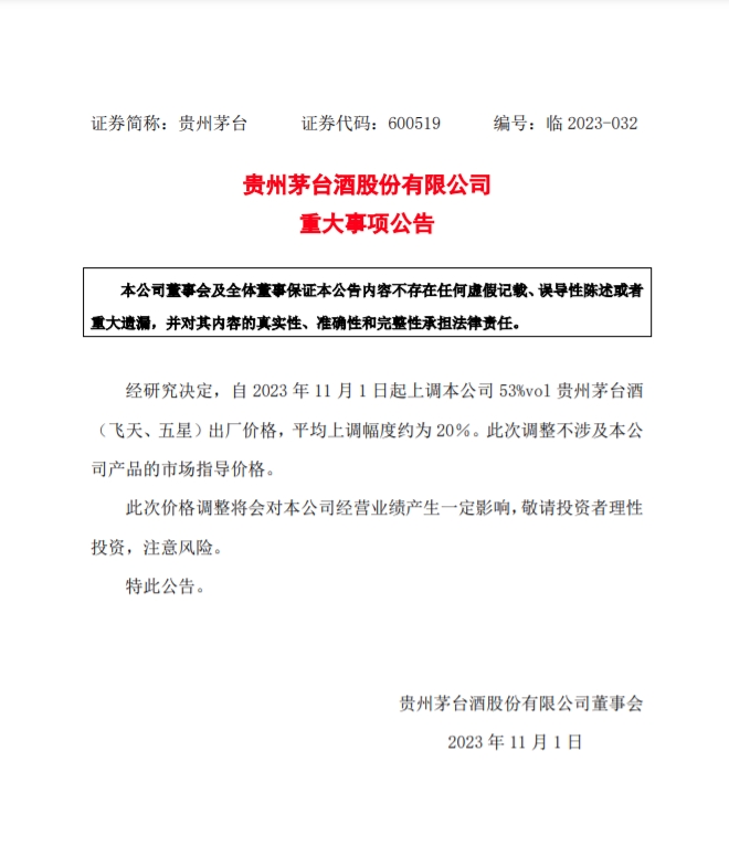 飛天茅臺(tái)出廠價(jià)上調(diào) 平均上調(diào)幅度約為20%.jpg