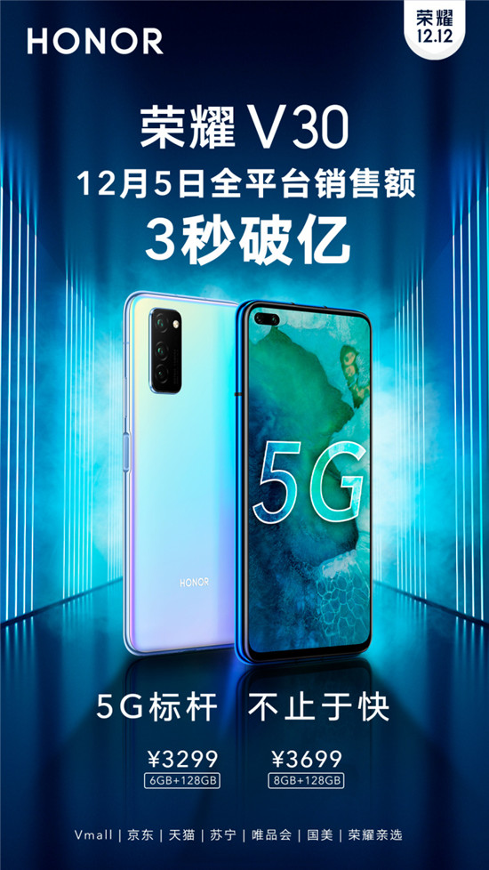 榮耀V30今日首銷：全平臺3秒破億！雙模5G+相機(jī)矩陣遭瘋狂追捧