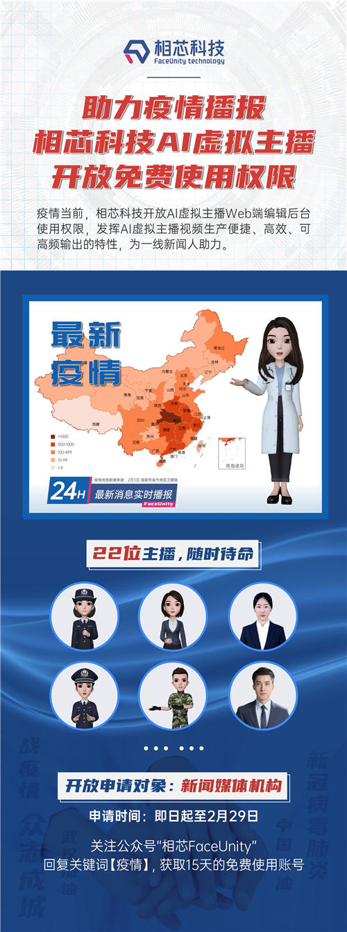 戰(zhàn)疫情，相芯面向媒體機(jī)構(gòu)開放AI虛擬主播免費(fèi)使用權(quán)限
