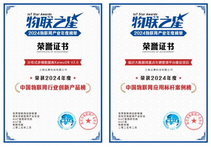浪潮KaiwuDB 入選 2024 物聯網產業(yè)創(chuàng)新產品及標桿案例雙榜單