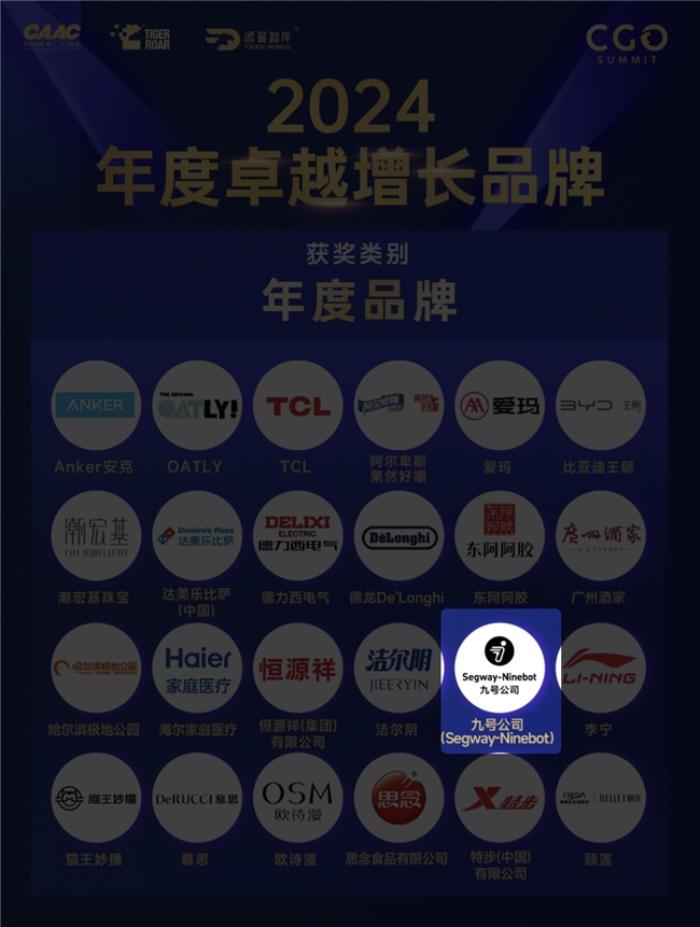 科技驅(qū)動增長，九號公司斬獲年度卓越增長品牌獎