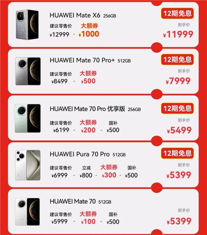 來京東心動購物季領華為至高1000元大額券 華為 Mate 70僅需5399元